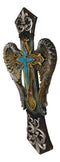 Rustic Tuscany Fleur De Lis Silver Scroll Angel Wings Turquoise Stone Wall Cross