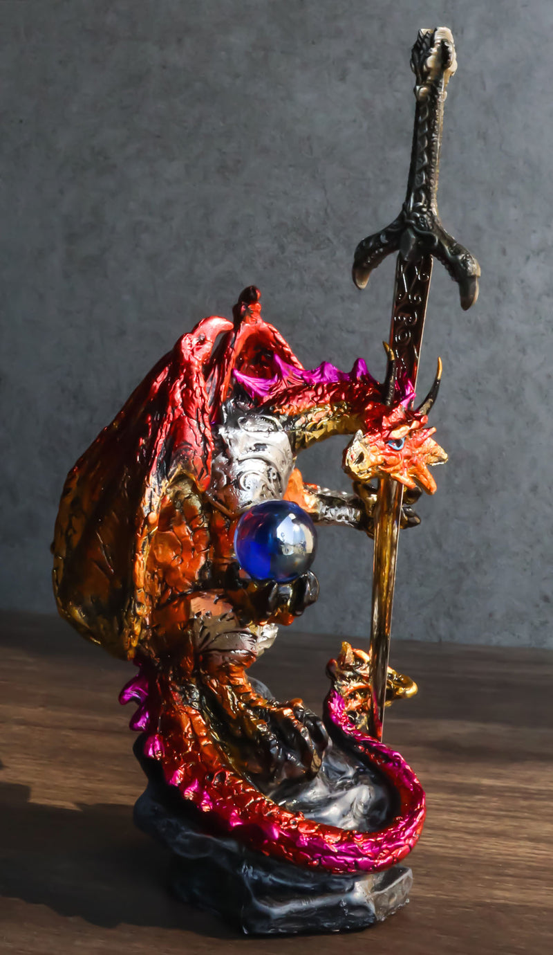 Red Metallic Fire Knight Dragon With Orb and Gothic Sword Letter Opener Figurine