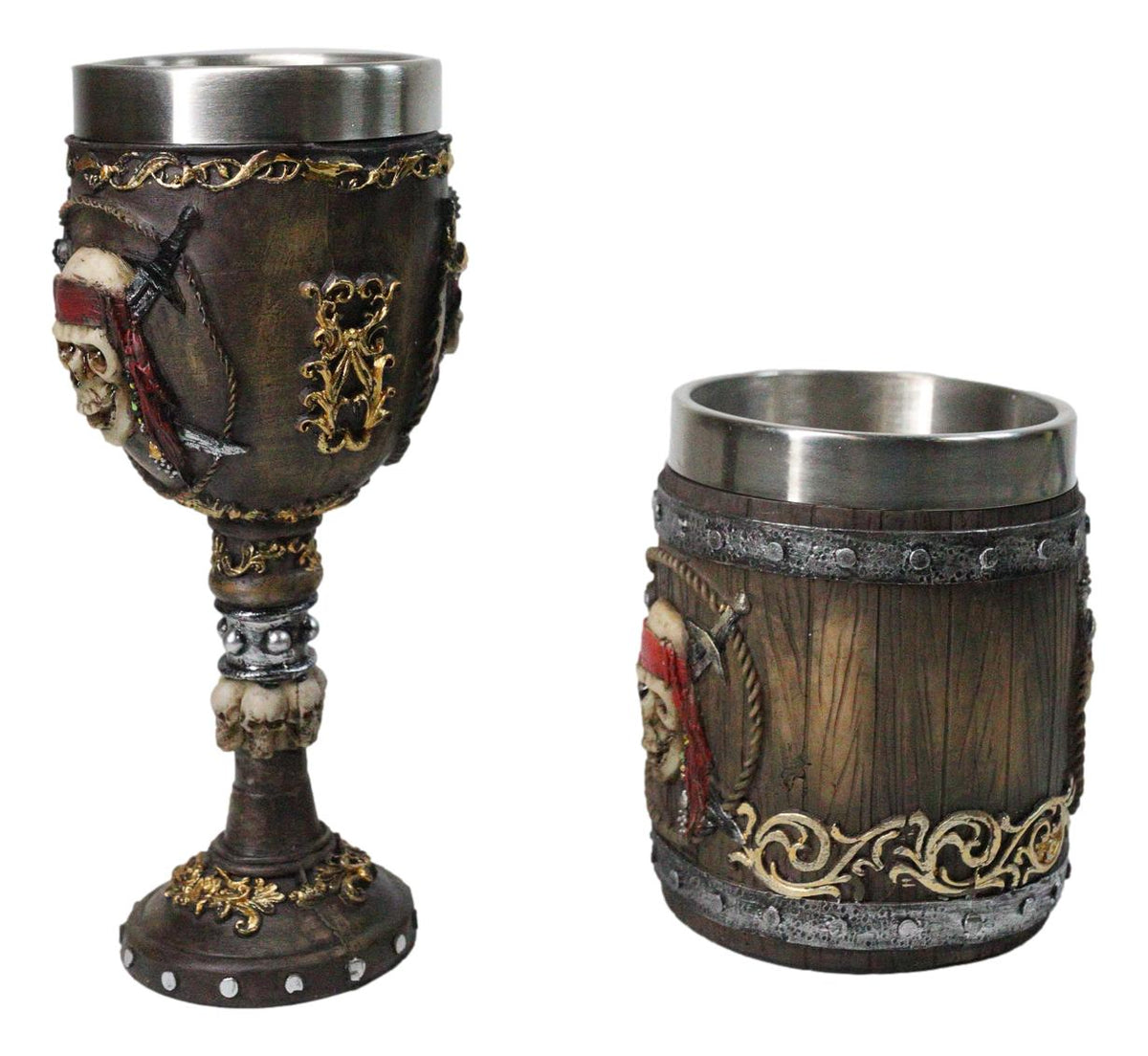 Nautical Rustic Barrel Pirate Skull Wine Goblet & Beer Tankard Mug Set of 2
