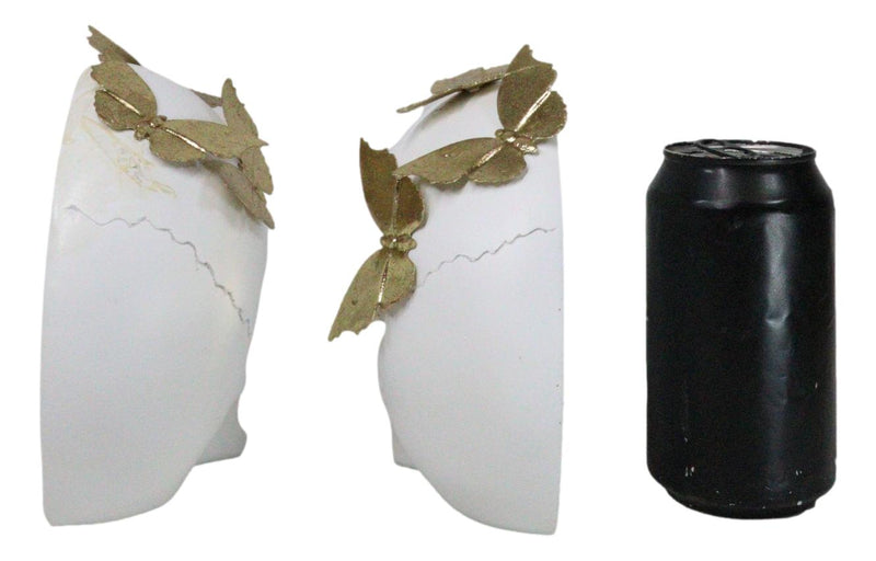 Metamorphosis Golden Butterflies On White Skull Halves Figurine Bookends Set