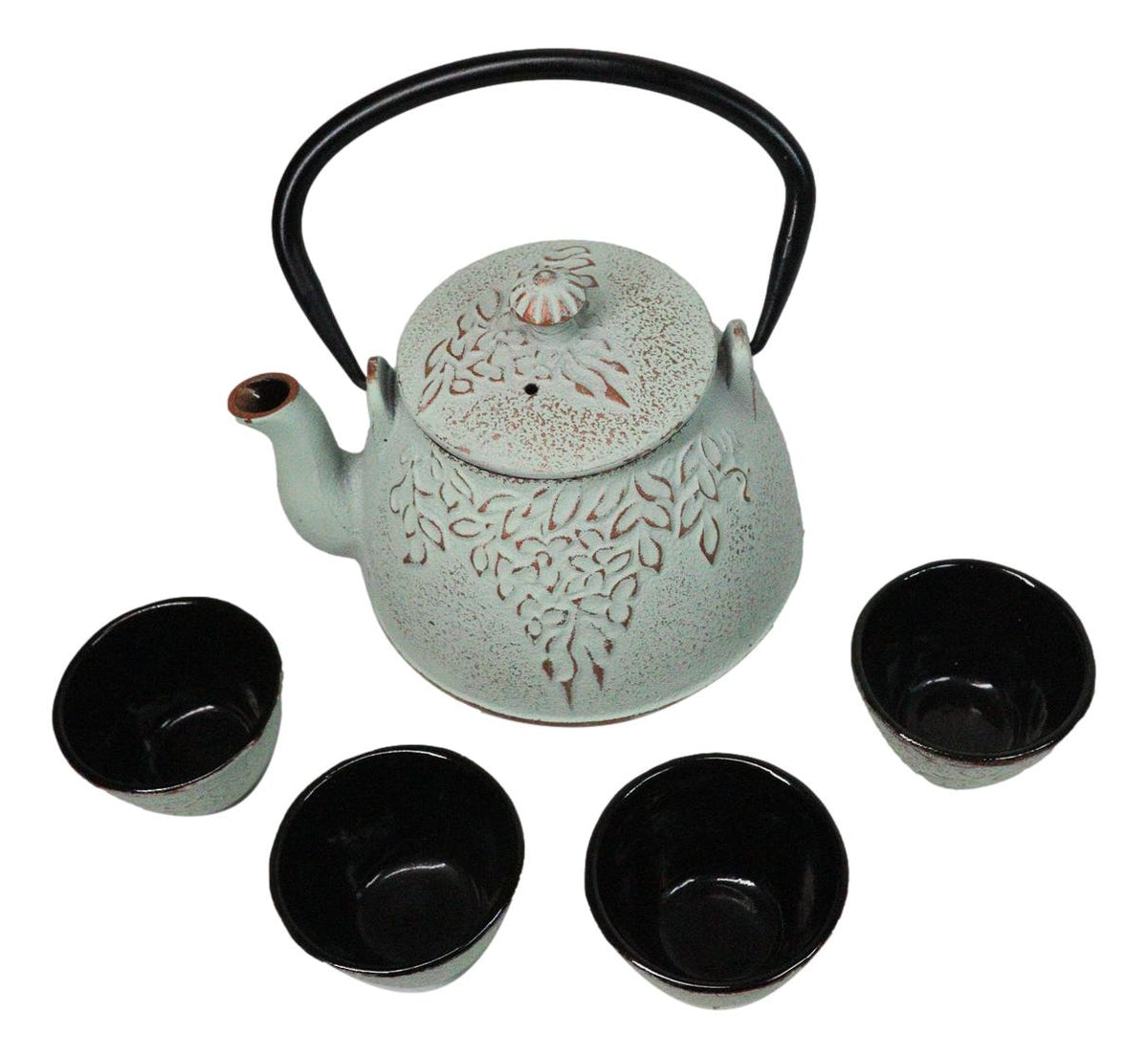Mint Green Leaves Floral Motif Tetsubin 27oz Cast Iron Tea Pot With 4 Cups Set