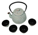 Mint Green Leaves Floral Motif Tetsubin 27oz Cast Iron Tea Pot With 4 Cups Set