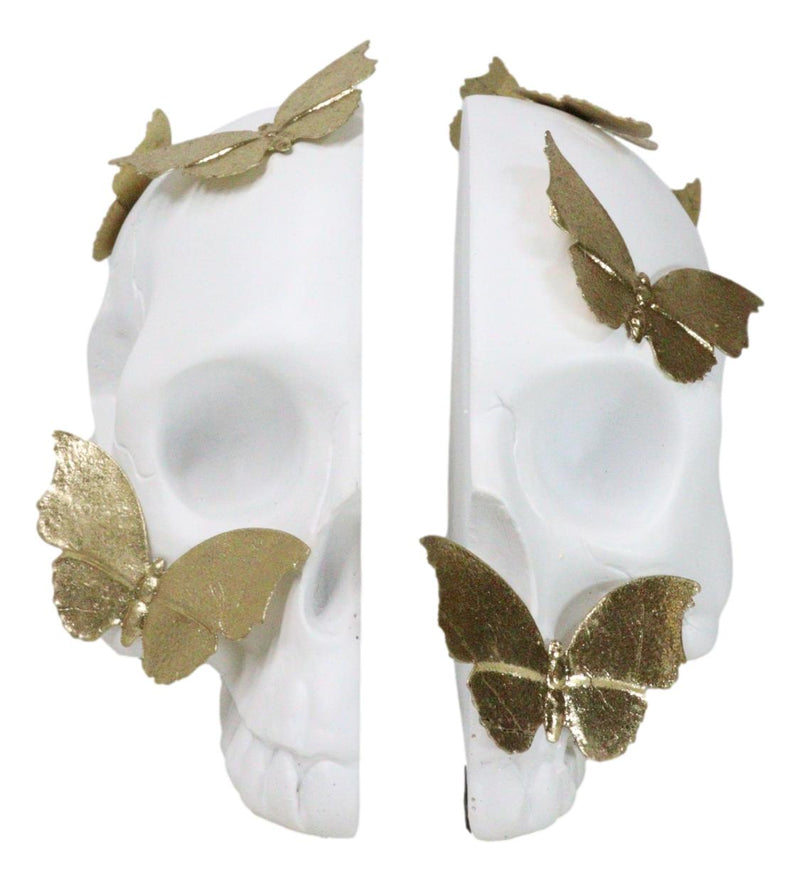 Metamorphosis Golden Butterflies On White Skull Halves Figurine Bookends Set