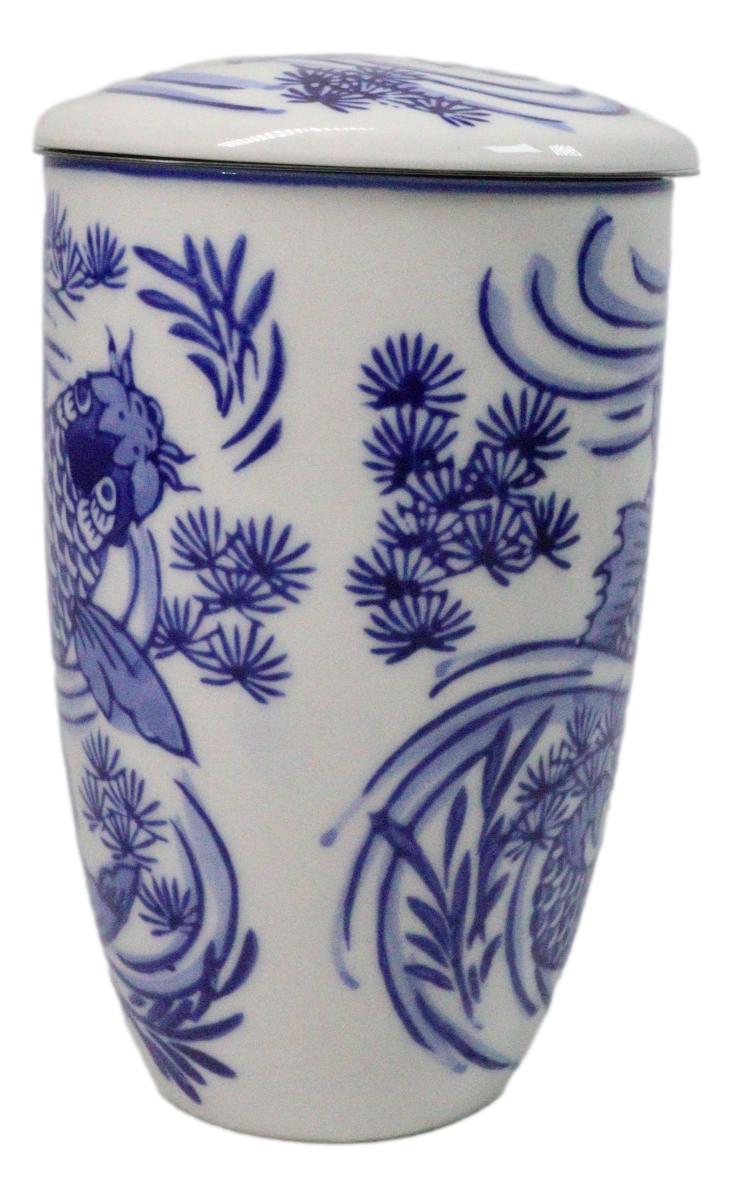Blue Koi Fish In Water 15oz Porcelain Tea Mug With Lid Stainless Steel Infuser