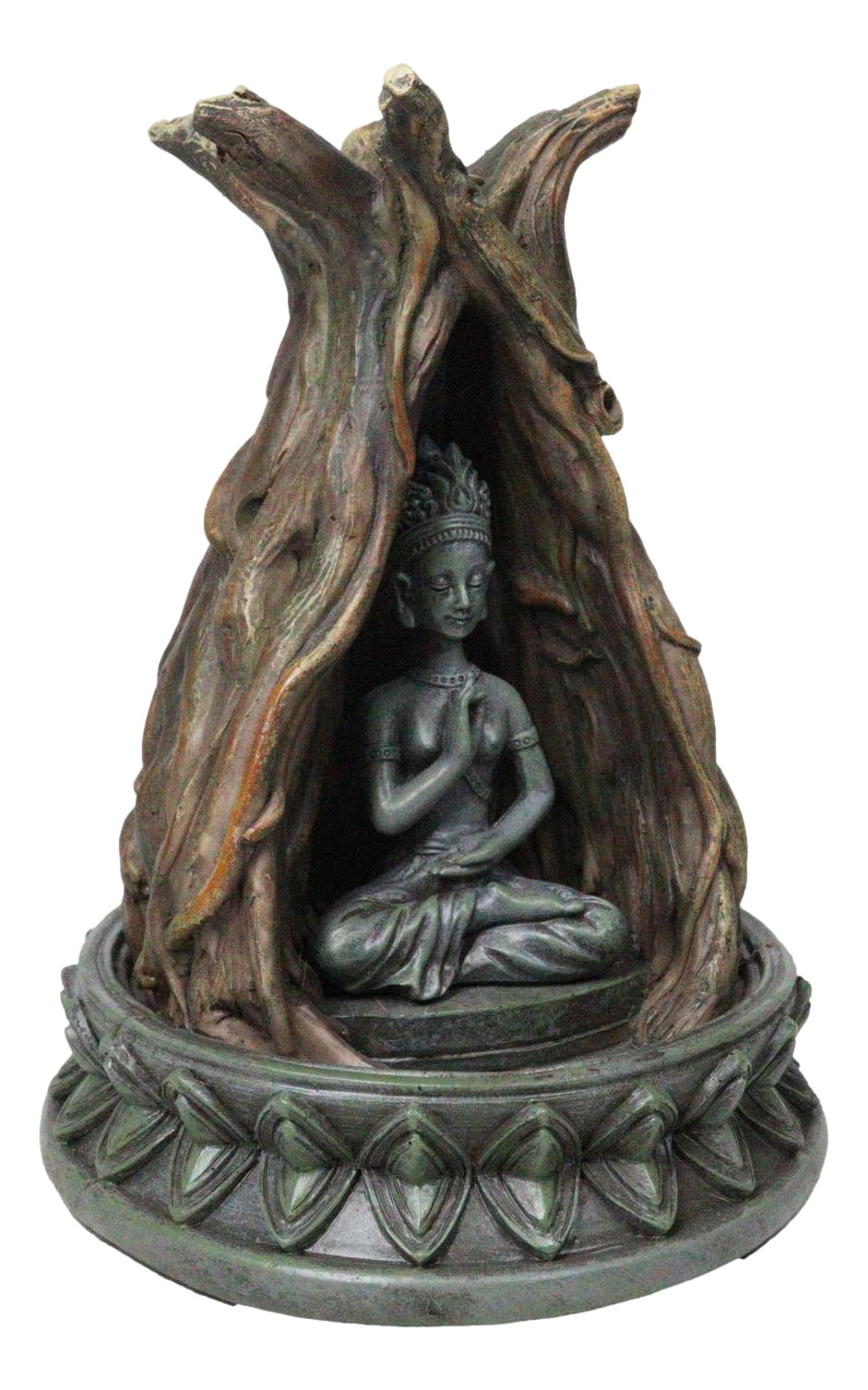 Amitabha Buddha Meditating Inside Tree Trunk Backflow Incense Burner Figurine