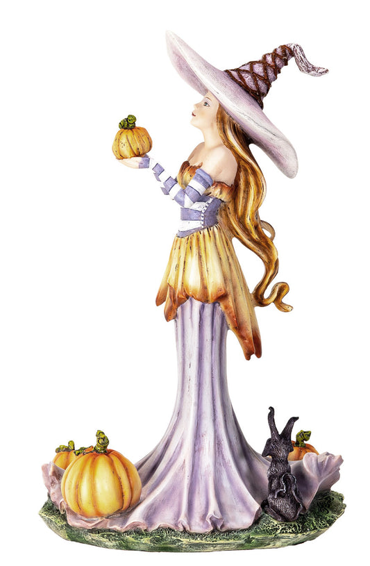 Amy Brown Halloween Purple Hat Pumpkin Witch with Mysterious Black Cat Figurine