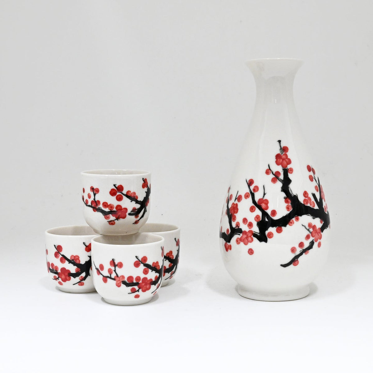 White Pink Sakura Cherry Blossom Porcelain Sake Flask And 4 Ochoko Cups Set
