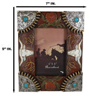 Rustic Western Longhorns Silver Conchos Turquoise Gems Picture Photo Frame 4"X6"