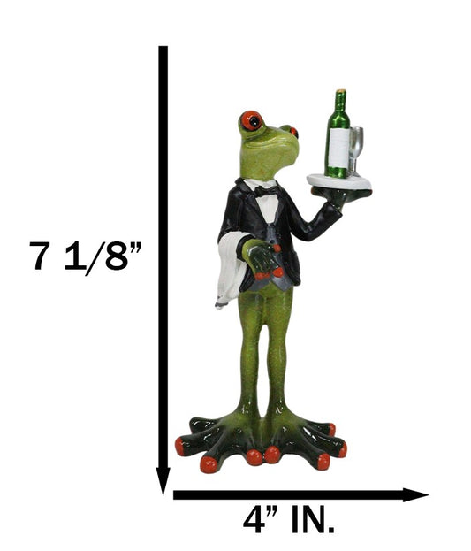 Green Toad Frog Silver Service Butler With Wine Glass And Bottle Figurine 7"H - Ebros Gift