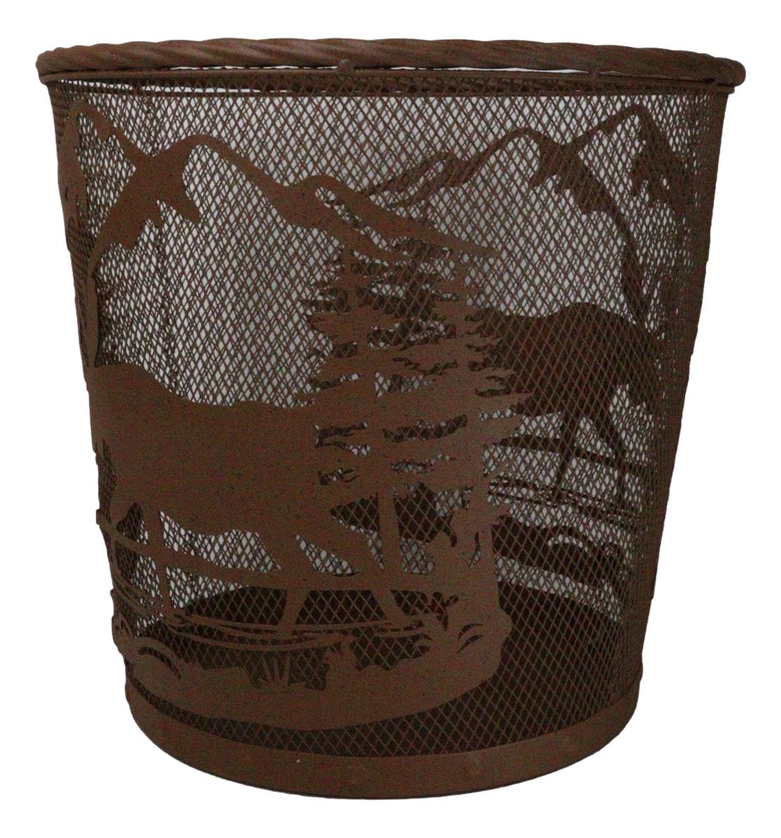 Rustic Deer Moose By Pine Forest Mountains Metal Wire Waste Basket Trash Bin - Ebros Gift
