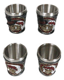 Set Of 4 Love Never Dies Wedding Couple Skulls With Red Roses Shot Glasses