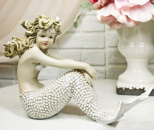 Vintage Ocean Atlantis Pretty Mermaid Girl With Beaded Tail Sitting Figurine - Ebros Gift