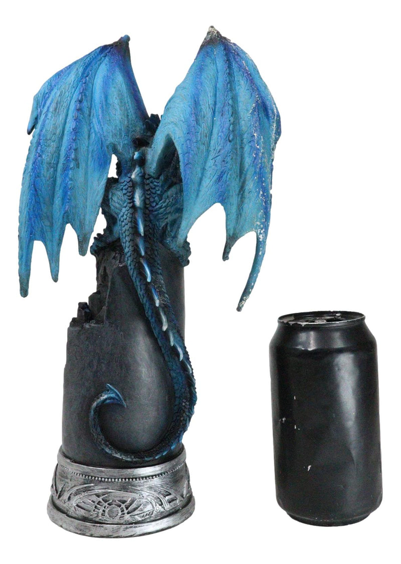 Blue Elemental Ice Dragon Perching On Medieval Stonewall Castle Tower Figurine