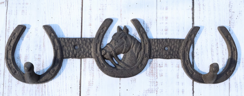 Rustic Western Horse Head With 3 Horseshoes Lucky Charm Double Wall Coat Hook