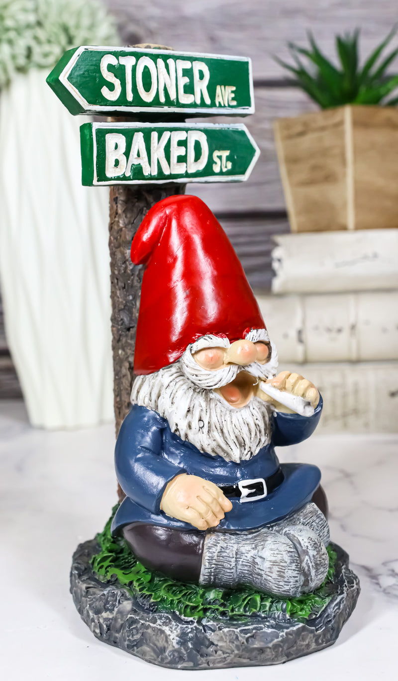 Mr Gnome Dwarf Stoner Smoking Stash Sitting By 'High' Way Crossroads Figurine