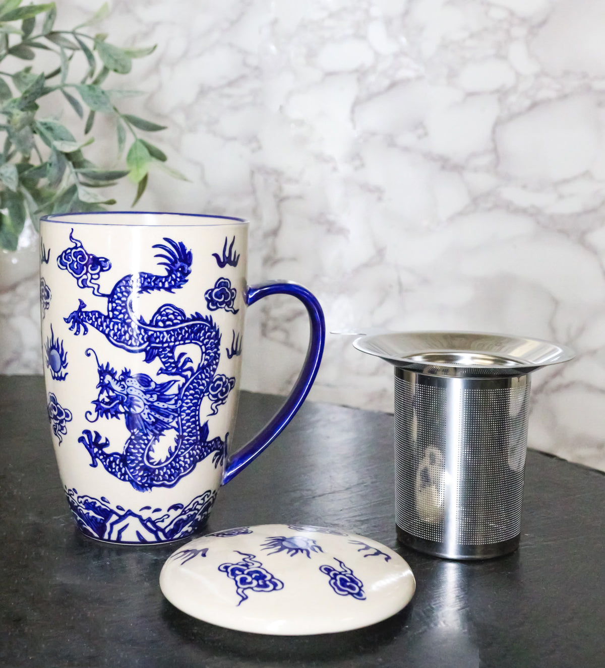 Blue Oriental Ryu Dragon 15oz Porcelain Tea Mug With Lid Stainless Steel Infuser