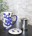 Blue Oriental Ryu Dragon 15oz Porcelain Tea Mug With Lid Stainless Steel Infuser