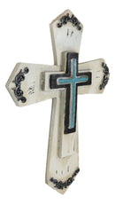 Rustic Western Turquoise Floral Scrollwork Faux Wood Layered Wall Cross Crucifix