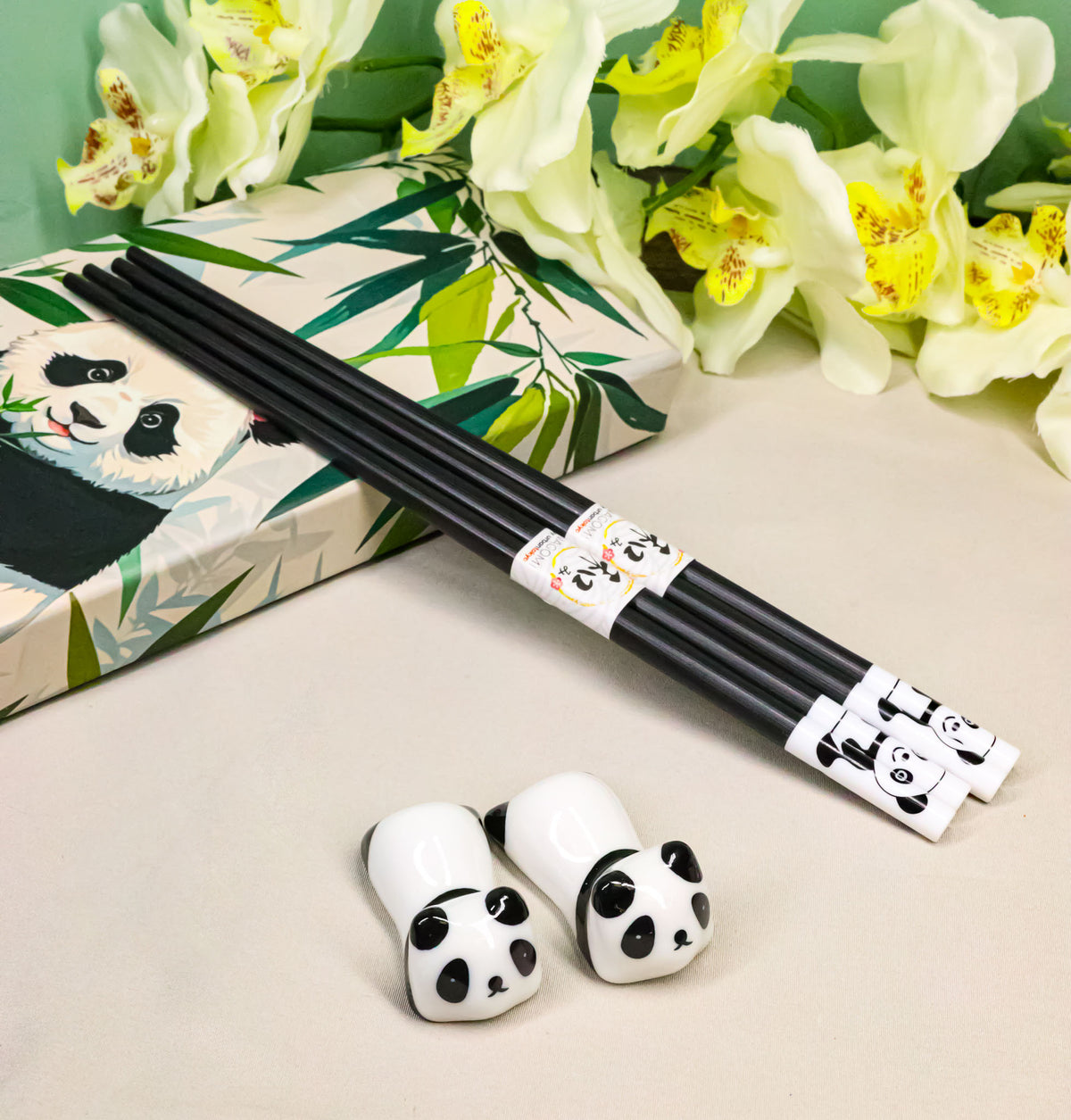 White And Black Giant Panda Bears Set of 2 Chopsticks And Ceramic Rests Set