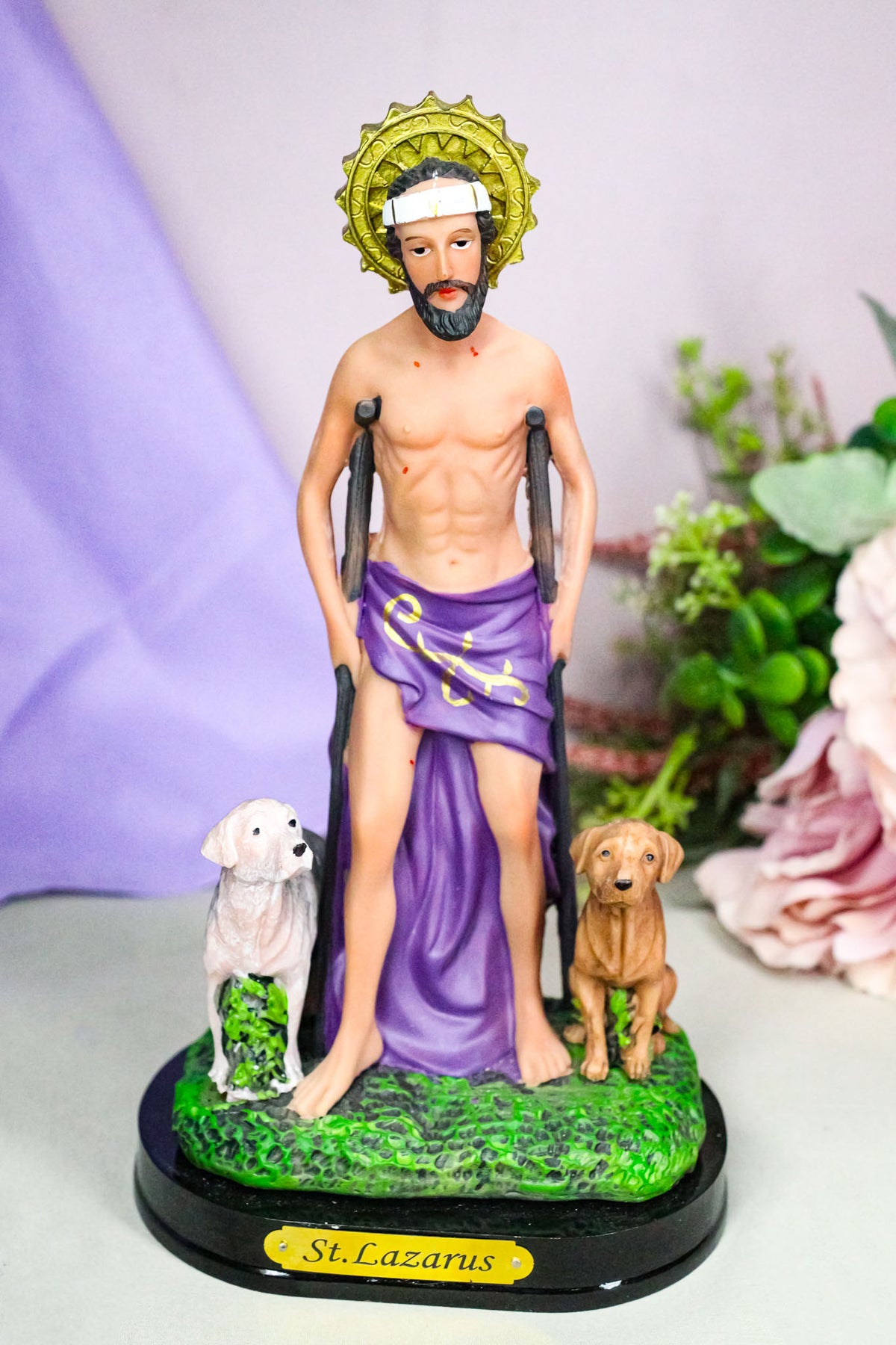 Catholic Saint Lazarus with Dogs and Sun Border Medal Figurine With Base 8"H