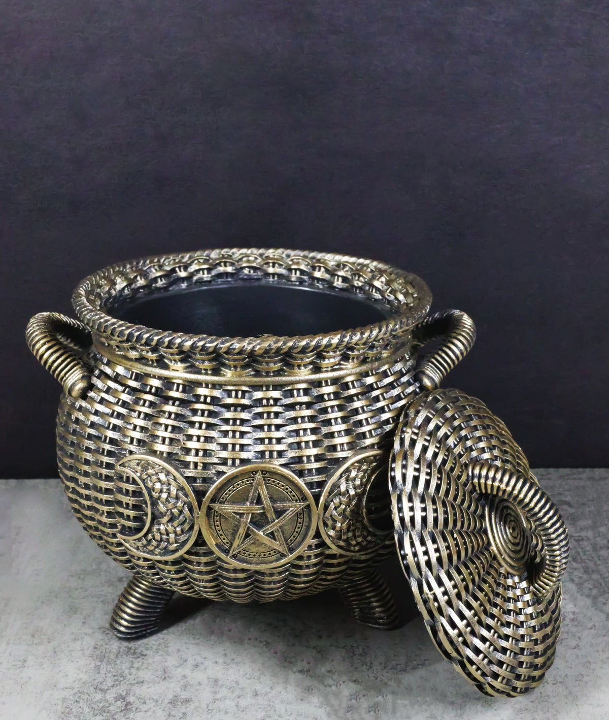 Wiccan Triple Moon Cauldron Pot In Wicker Finish Decorative Trinket Crystals Box - Ebros Gift