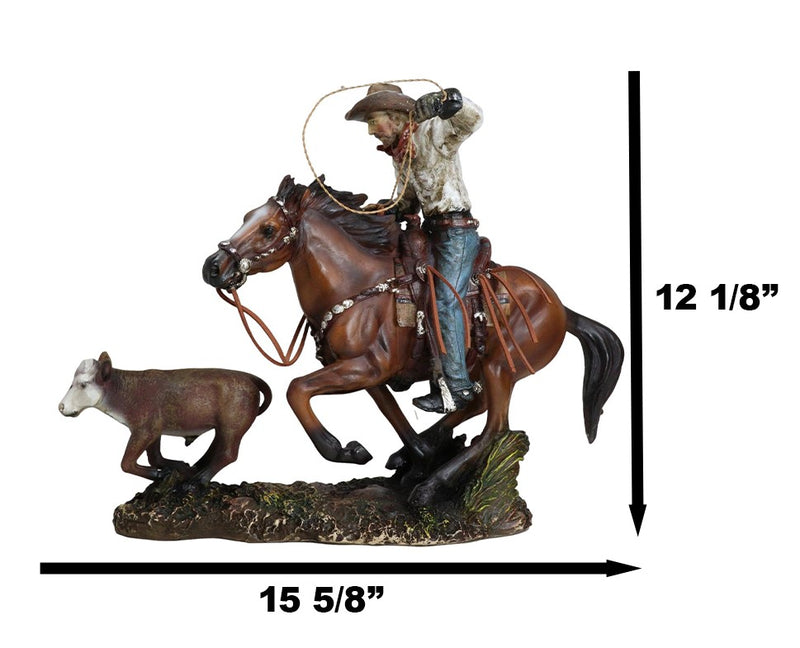 Rustic Western Cowboy Riding On Horse Rodeo Tie Down Roping A Calf Figurine