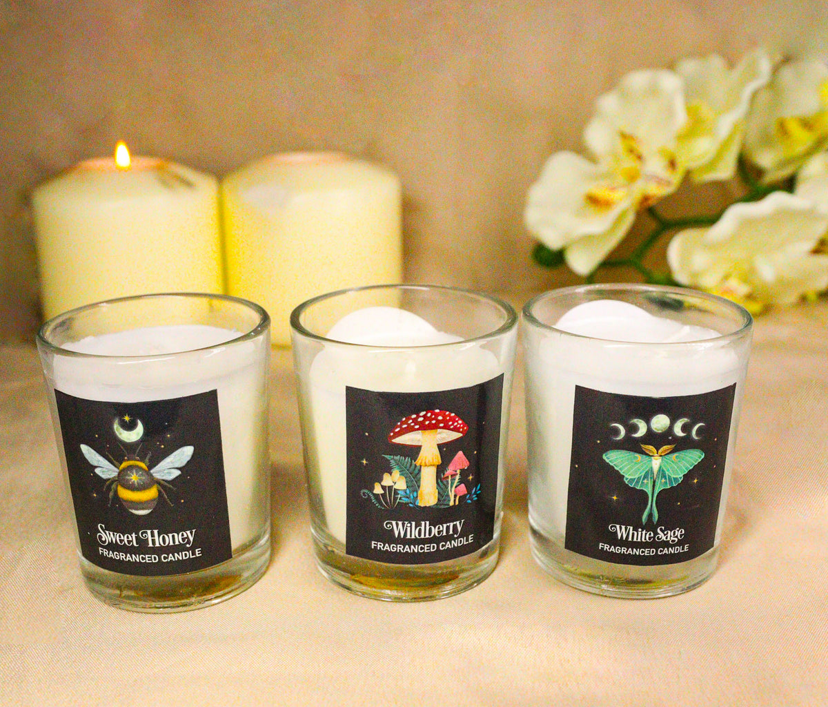Pack of 3 Wicca Witchcraft Wildberry Sweet Honey White Sage Votive Candle Trio