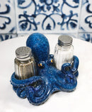 Blue Spotted Nautical Marine Cephalopod Octopus Salt Pepper Shakers Holder Set