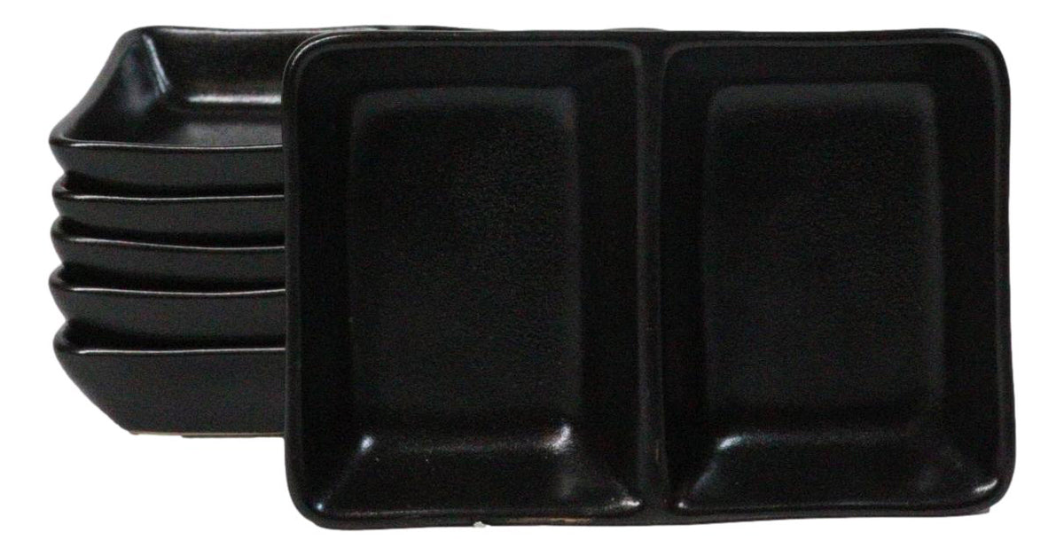 Pack Of 6 Ceramic Black Kokuyo Soy Sauce Or Condiment Dishes Double Partition
