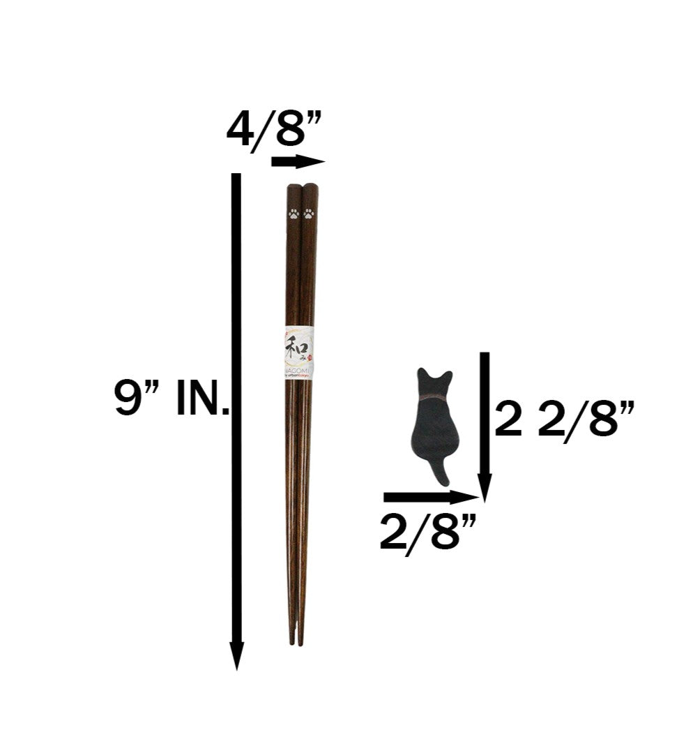Black And White Feline Cats With Tails Set of 2 Chopsticks And Wooden Rests Set