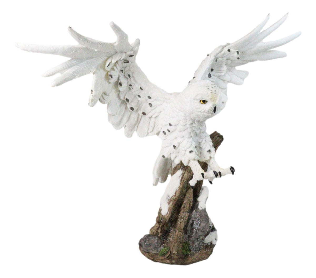 Winter Snowy Owl with Outsretched Wings on Snow-Covered Tree Stump Statue 14"H