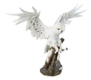 Winter Snowy Owl with Outsretched Wings on Snow-Covered Tree Stump Statue 14"H