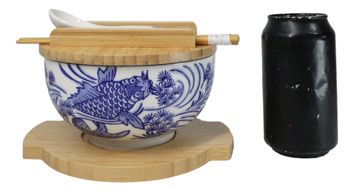 White Blue Koi Fish 28Oz Donburi Ramen Bowl With Lid Trivet Spoon Chopsticks Set