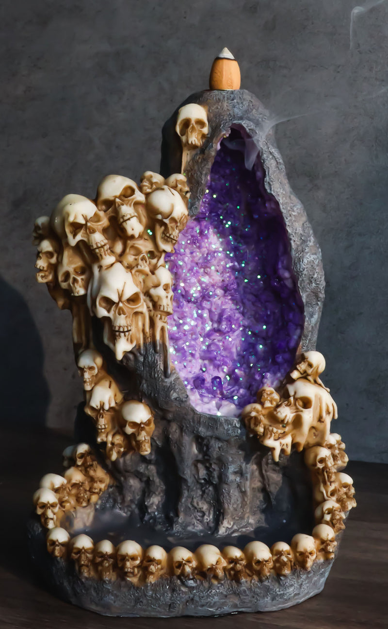 Gothic Melting Skulls Faux Geode Crystals LED Light Cave Backflow Incense Burner