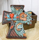 Rustic Western Turquoise Floral Scroll Faux Leather Cross Jewelry Trinket Box