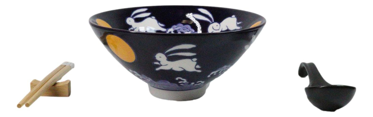 Blue Sky Moon Rabbit Ceramic Ramen Rice Bowl With Soup Spoon Chopsticks And Rest