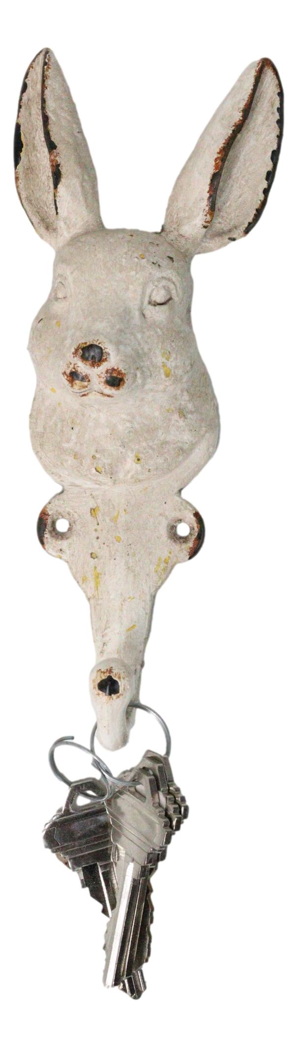 Distressed White Finish Cast Iron Whimsical Bunny Rabbit Wall Coat Hat Hook