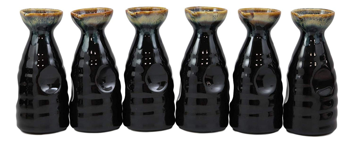 Glazed Ceramic Brown Waterfall Japanese Wine Sake Tokkuri Flask Pack of 6 Flasks