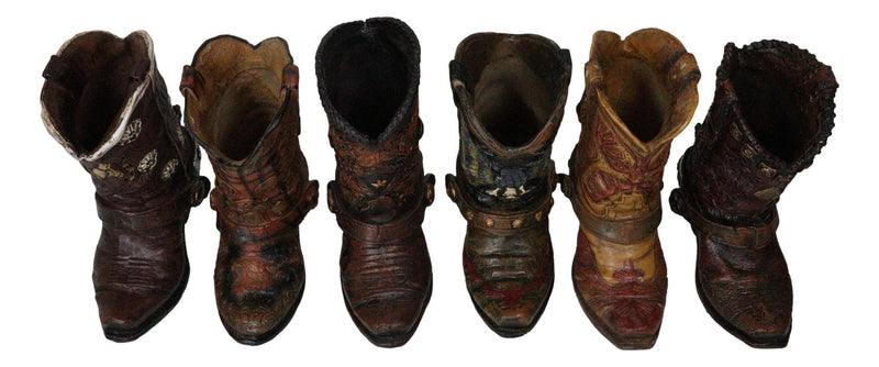 Pack Of 6 Rustic Western Cowboy Cowgirl Faux Leather Boots Pen Holder Figurines