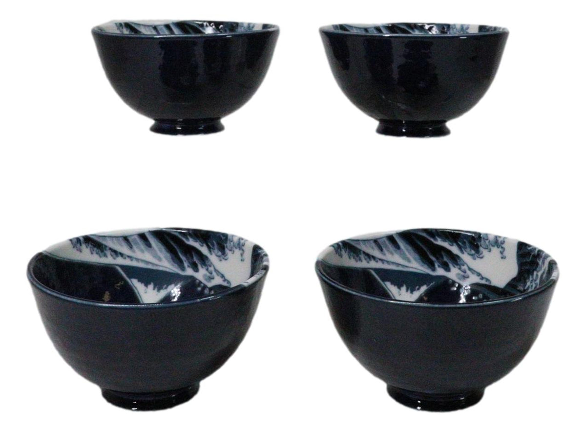 Set Of 4 Blue Japanese Hokusai Great Wave Porcelain Soup Rice Dessert Bowls 11oz