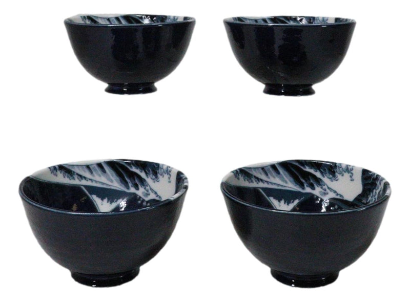 Set Of 4 Blue Japanese Hokusai Great Wave Porcelain Soup Rice Dessert Bowls 11oz