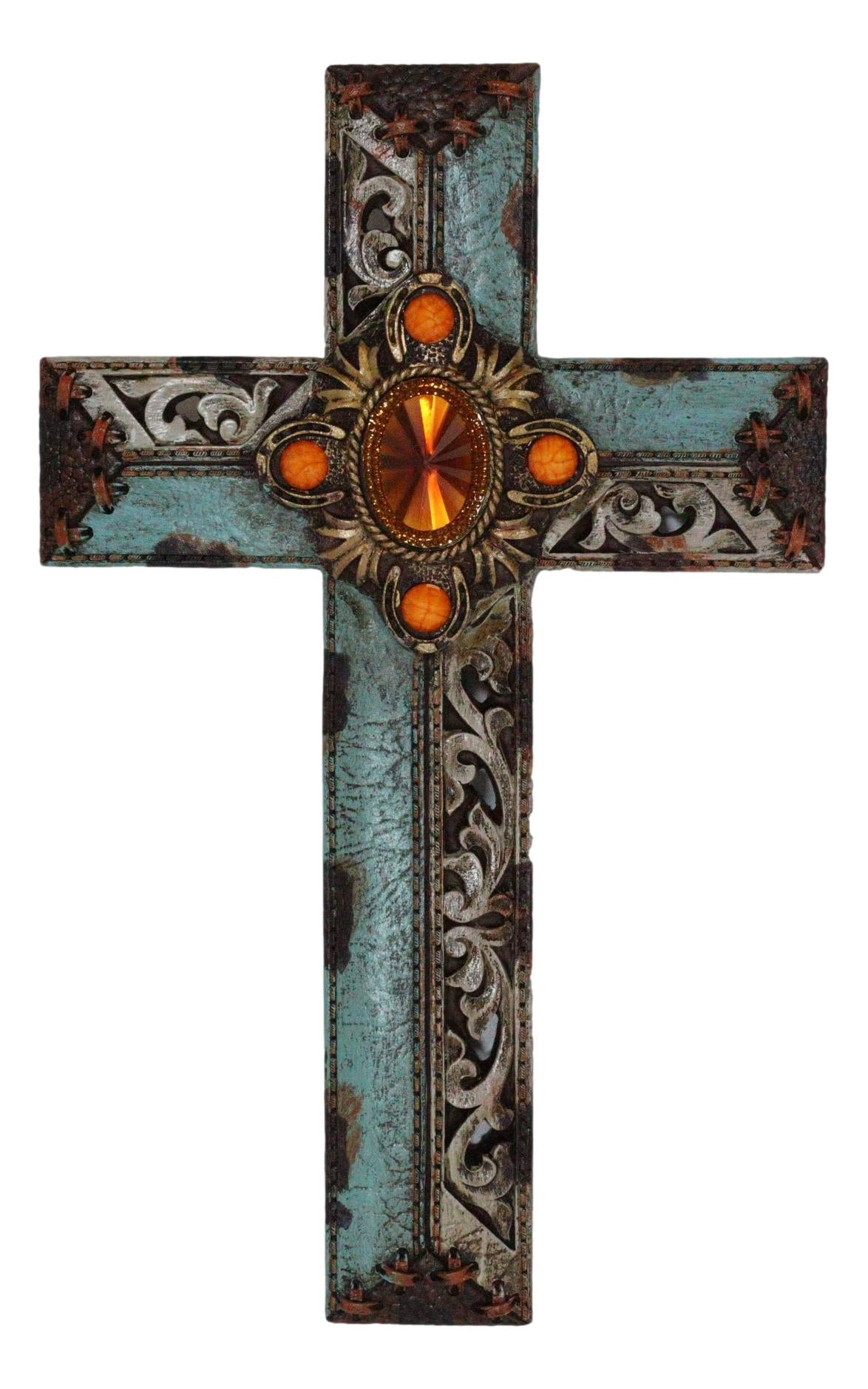 Pack Of 3 Rustic Western Tuscany Scrollwork Turquoise Amber Gems Wall Crosses