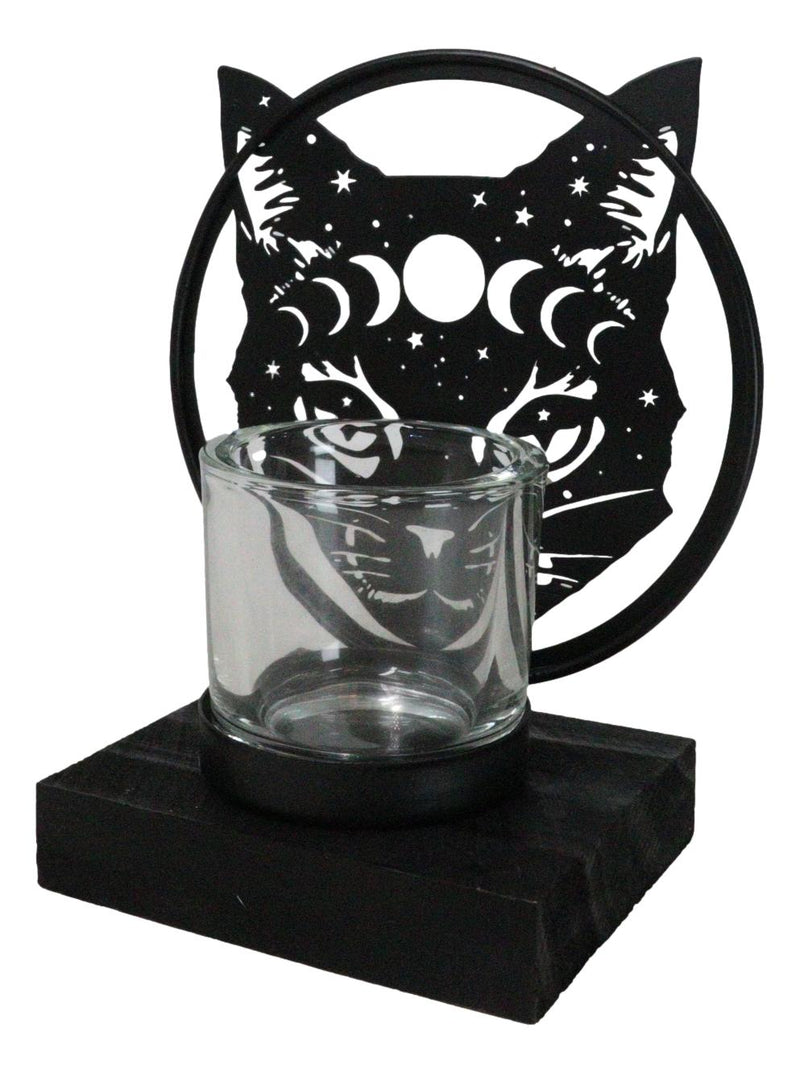 Wicca Phases of The Moon Celestial Black Cat Metal Votive T-Lite Candle Holder
