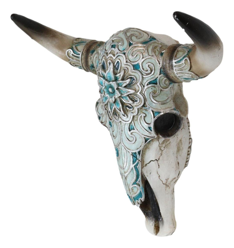 Western Turquoise Floral Horned Cow Skull Wall Decor Plaque