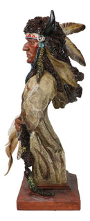 Native Indian Chief Warrior Hunter With Buffalo Horns And Feathers Bust Figurine