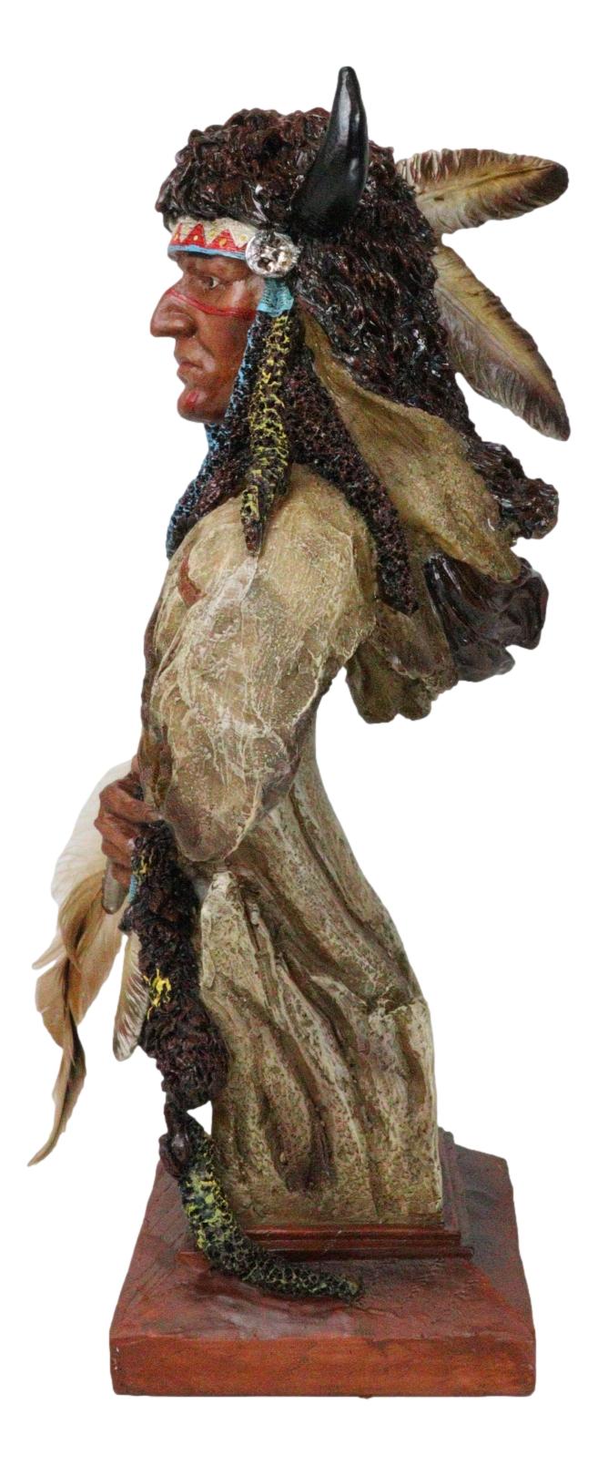 Native Indian Chief Warrior Hunter With Buffalo Horns And Feathers Bust Figurine