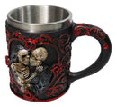 Red Rose Heart Motif Gothic Skeleton Couple Kissing Resin Coffee Cup Mug
