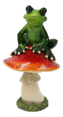 Rainforest Wildlife Green Pond Frog Sitting On Toadstool Mushroom Figurine