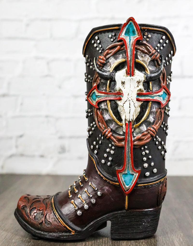 Western Texas Longhorn Skull Barbed Wires And Arrow Cross Cowboy Boot Money Bank