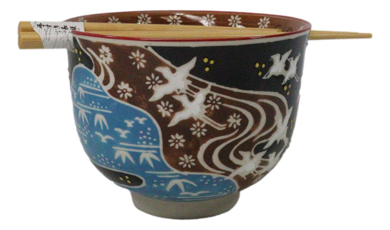 White Japanese Cranes Ceramic Donburi Ramen Soup Bowl With Chopsticks Set